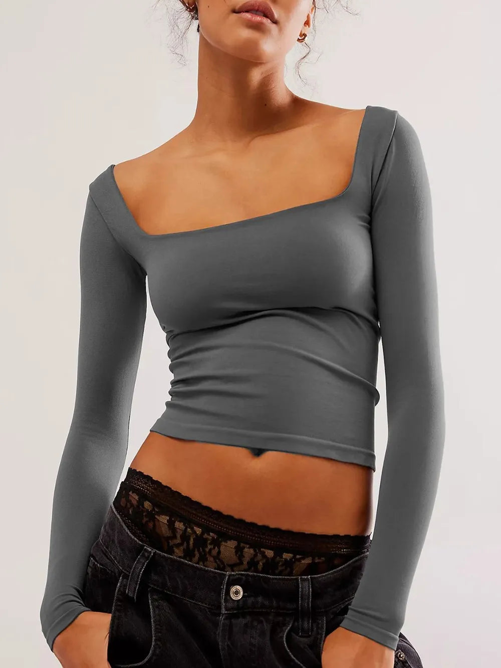 Square Neck Long Sleeve Shirt Shirts Trendsi
