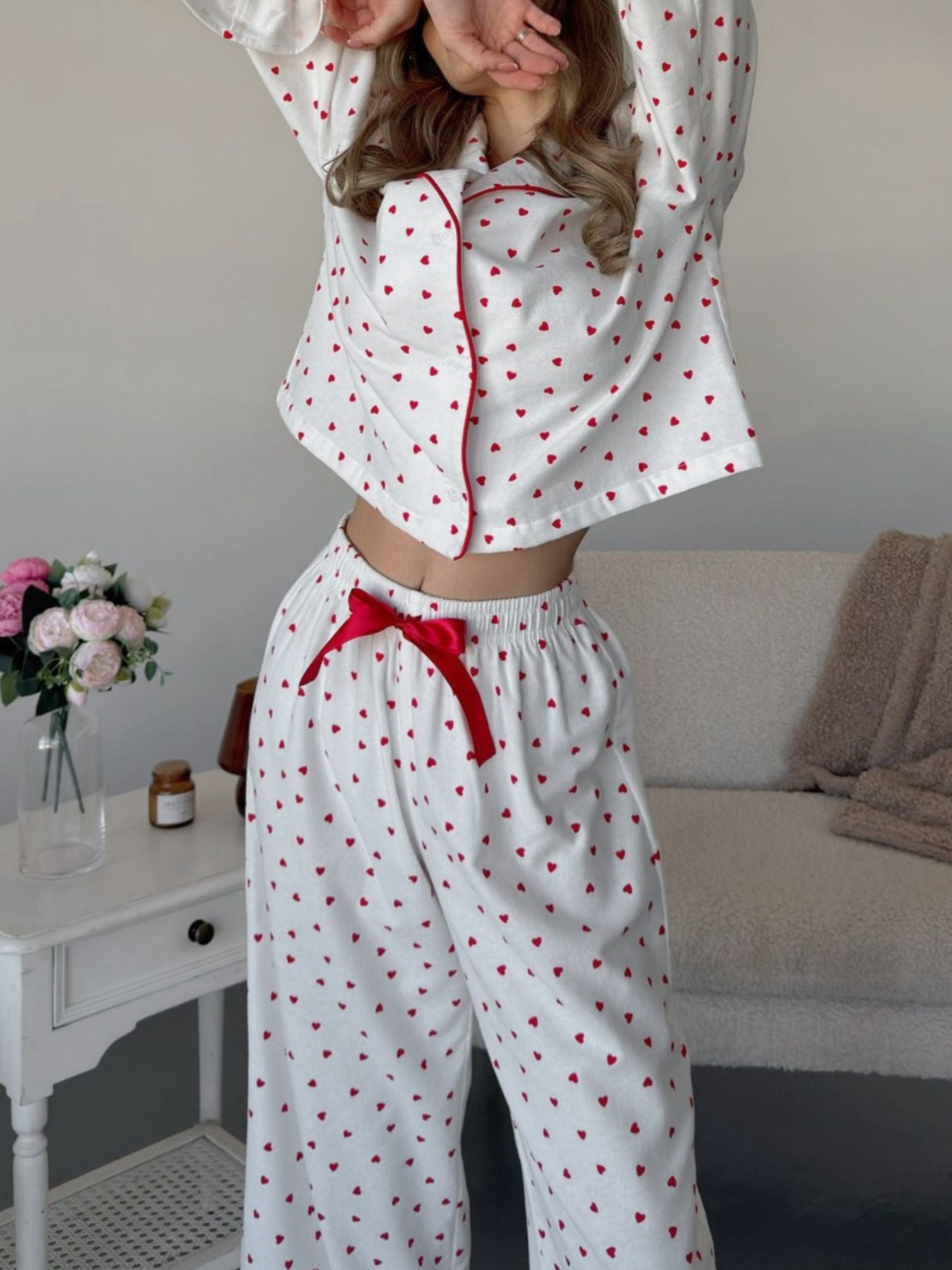 Heart Print Long Sleeve Top and Pants PJ Loungewear Set Trendsi