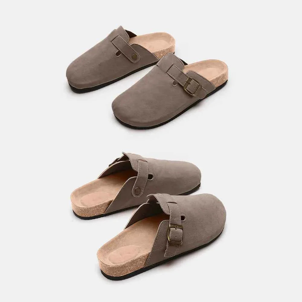 Flat Comfy Suede Buckle Clogs