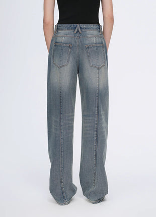 Vintage Heavy Cotton Blend Washed Comfortable Slim Front Curved Jeans