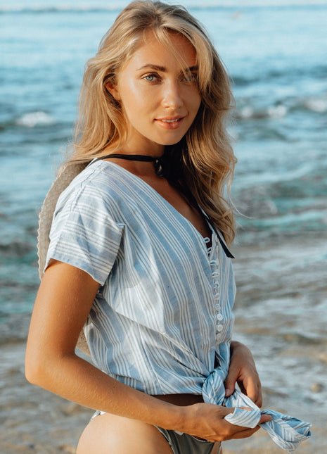 DARA Handwoven Cotton Cap Sleeve Shirt, in Riviera Blue