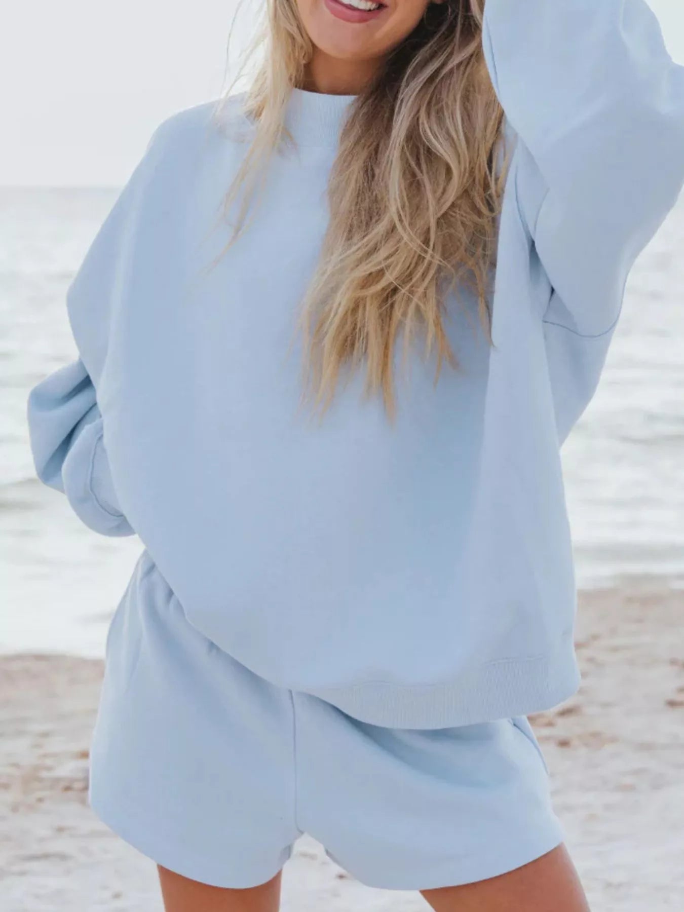 Relaxed Fit Round Neck Sweatshirt and Shorts Set Sky Blue Trendsi
