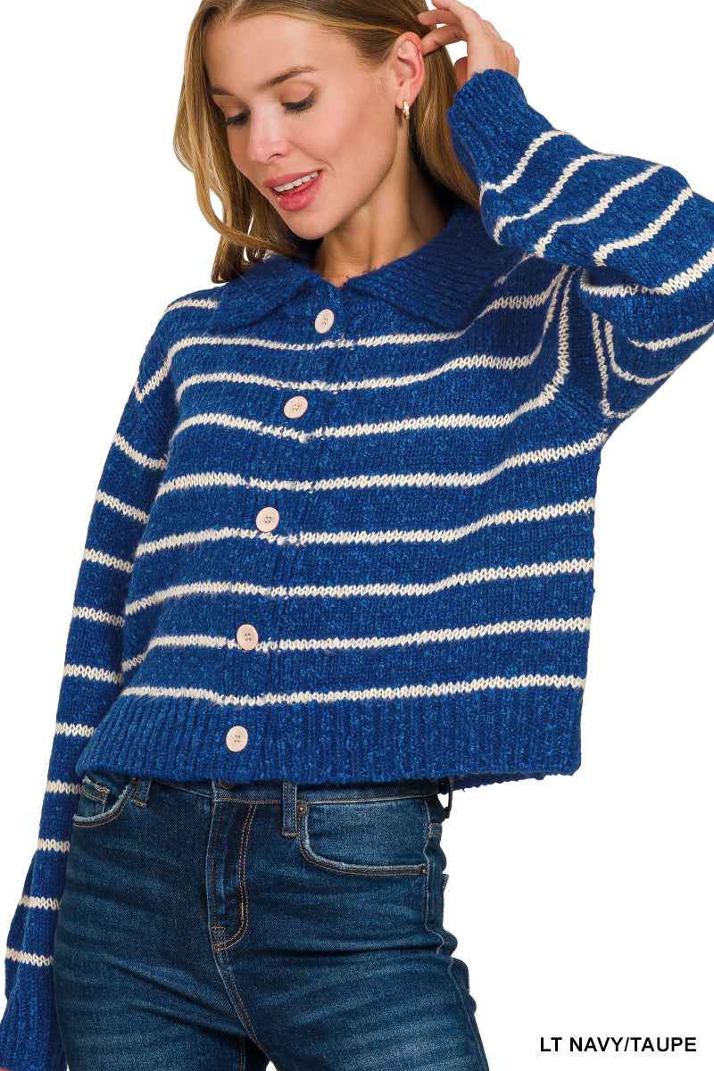 Zenana Striped Collared Button Down Sweater Cardigan Trendsi