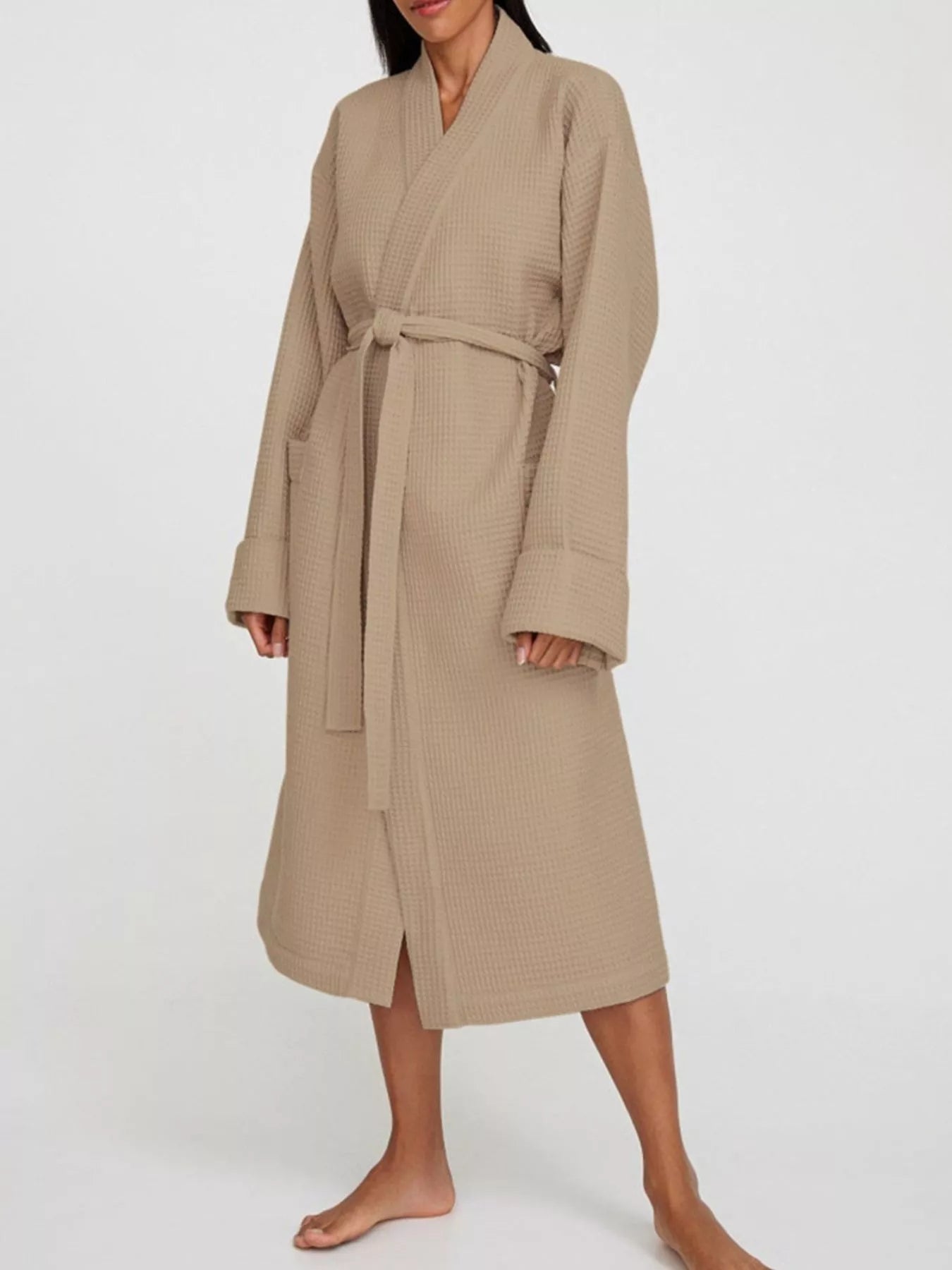 Waffle Knit Tie Waist Lounge Nightgown Khaki Trendsi