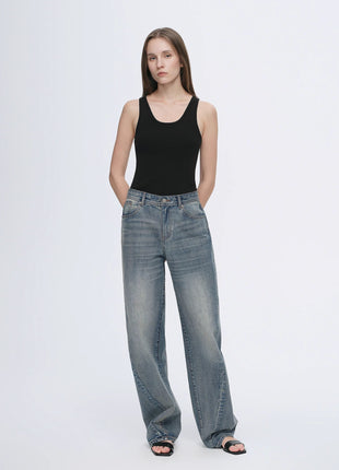 Vintage Heavy Cotton Blend Washed Comfortable Slim Front Curved Jeans