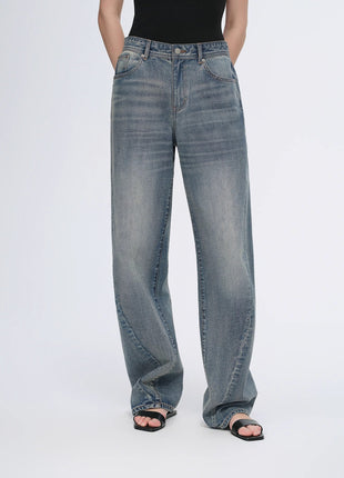 Vintage Heavy Cotton Blend Washed Comfortable Slim Front Curved Jeans