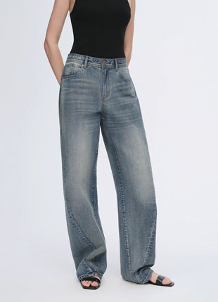 Vintage Heavy Cotton Blend Washed Comfortable Slim Front Curved Jeans