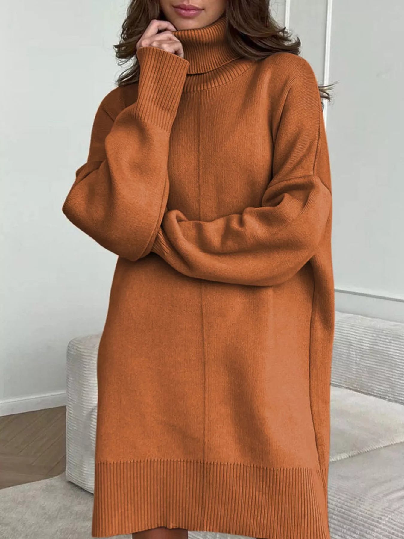Turtleneck Drop Shoulder Sweater Dress Dresses Trendsi