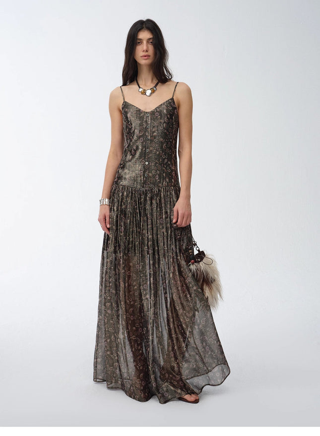 "Floating Lights" Retro Paisley Print Silk Holiday Sling Dress