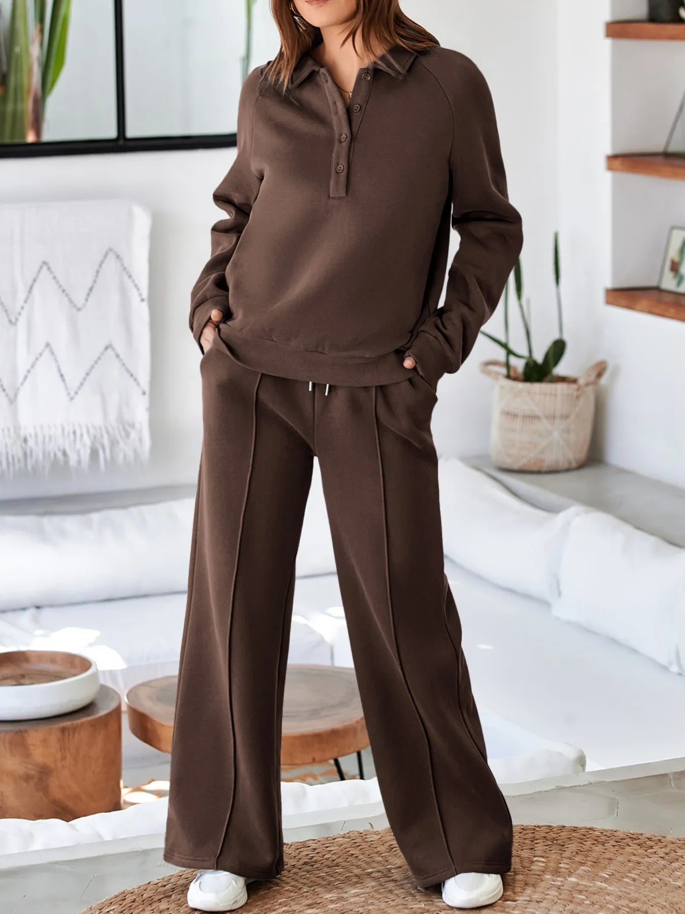 Cotton Blend Collared Sweatshirt Wide Leg Sweatpants Set Trendsi