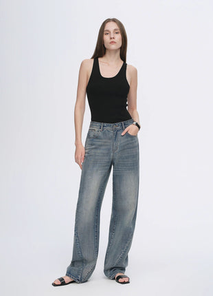 Vintage Heavy Cotton Blend Washed Comfortable Slim Front Curved Jeans