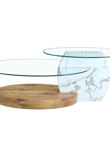 Contemporary Double Layer Coffee Table - White Marble & Wood Grain
