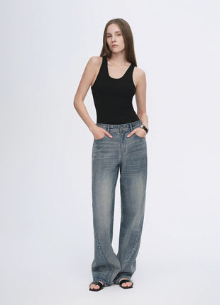 Vintage Heavy Cotton Blend Washed Comfortable Slim Front Curved Jeans