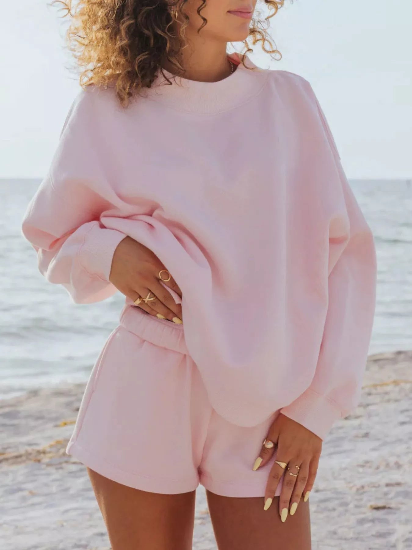 Relaxed Fit Round Neck Sweatshirt and Shorts Set Blush Pink Trendsi