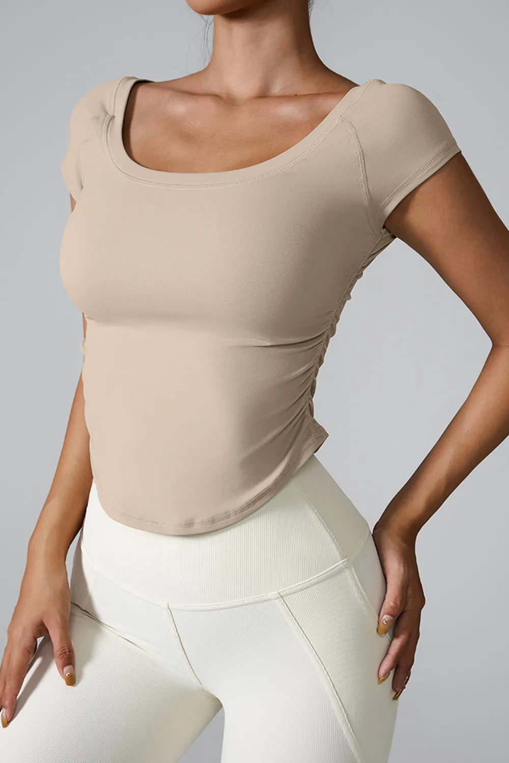 Round Neck Short Sleeve Active T-Shirt Sand Trendsi