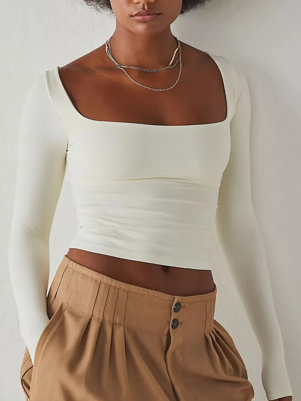 Square Neck Long Sleeve Shirt White Shirts Trendsi