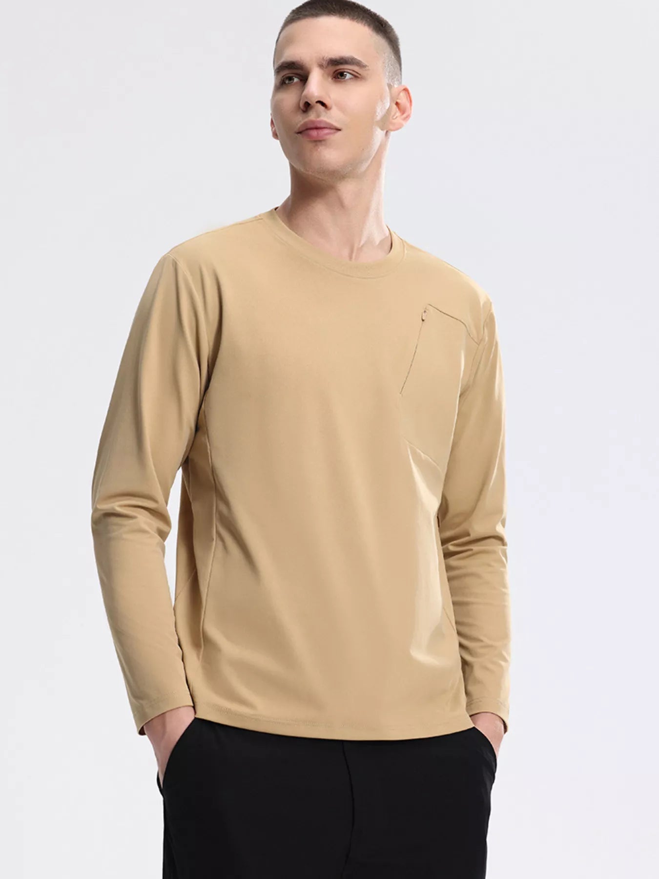 Men's Active Long Sleeve with Front Zipper Pocket Cotton& Spandex Khaki Trendsi