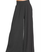 Zenana Smocked Waist Wide Leg Flowy Pants BLACK Trendsi