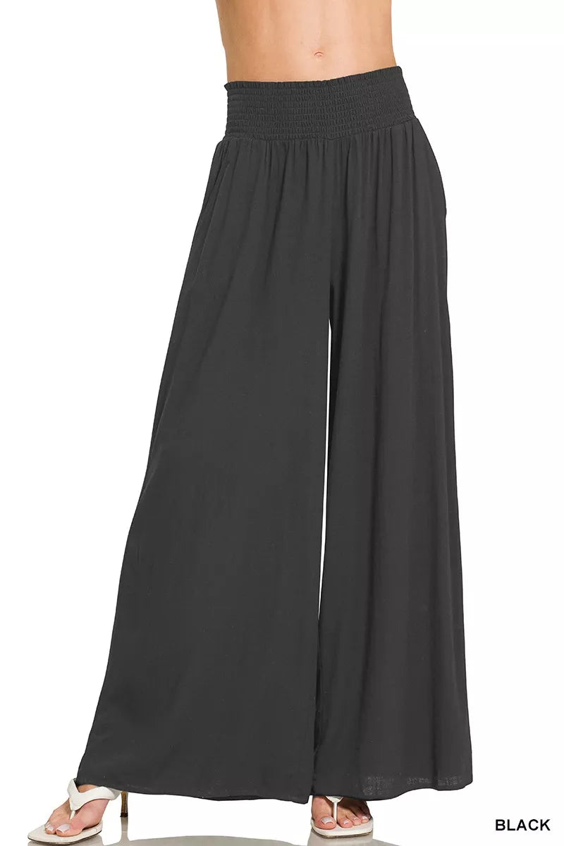 Zenana Smocked Waist Wide Leg Flowy Pants BLACK Trendsi