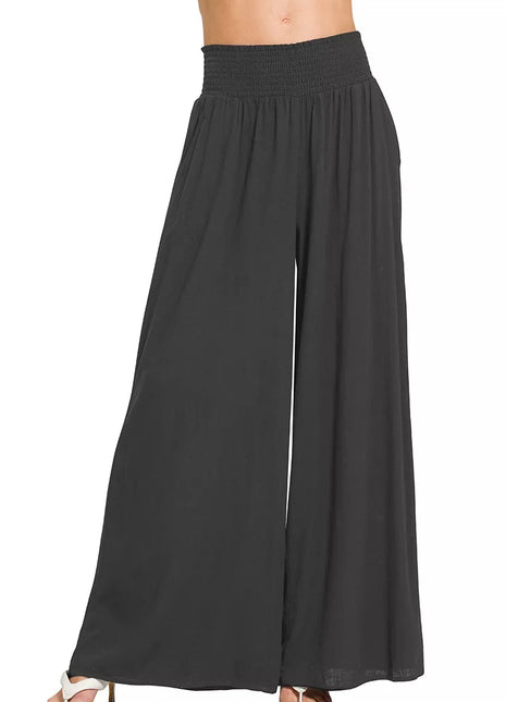 Zenana Smocked Waist Wide Leg Flowy Pants BLACK Trendsi