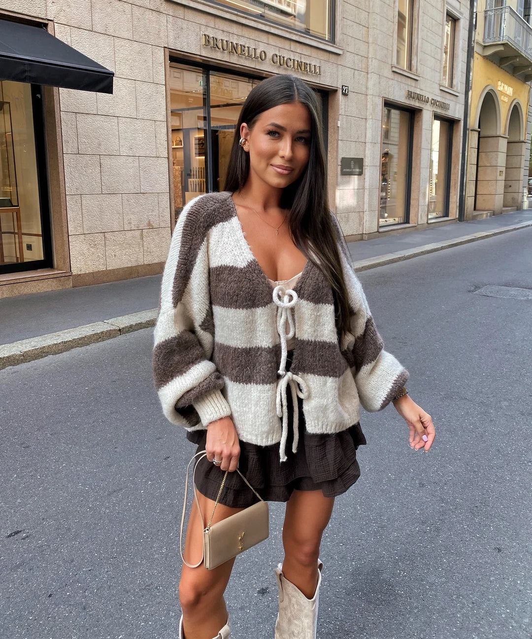 Coffee Striped Tie-Front Knit Cardigan cardigan Trendsi