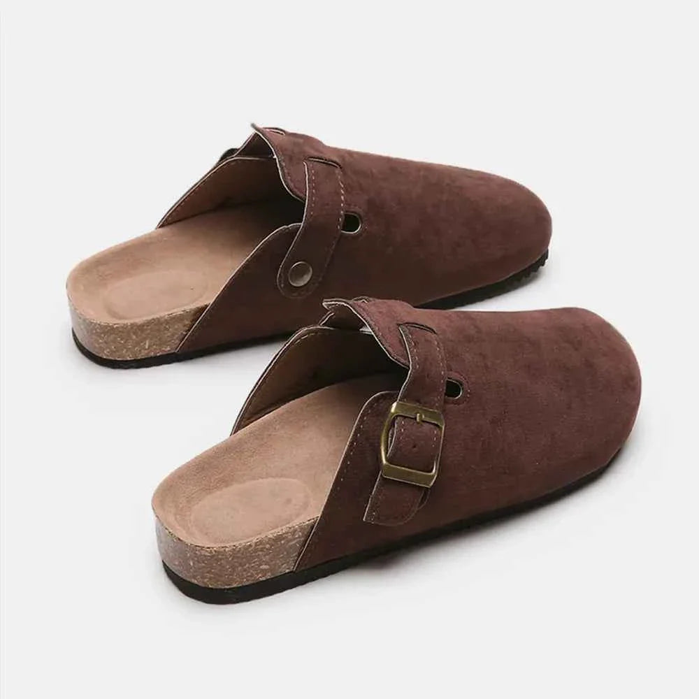 Flat Comfy Suede Buckle Clogs