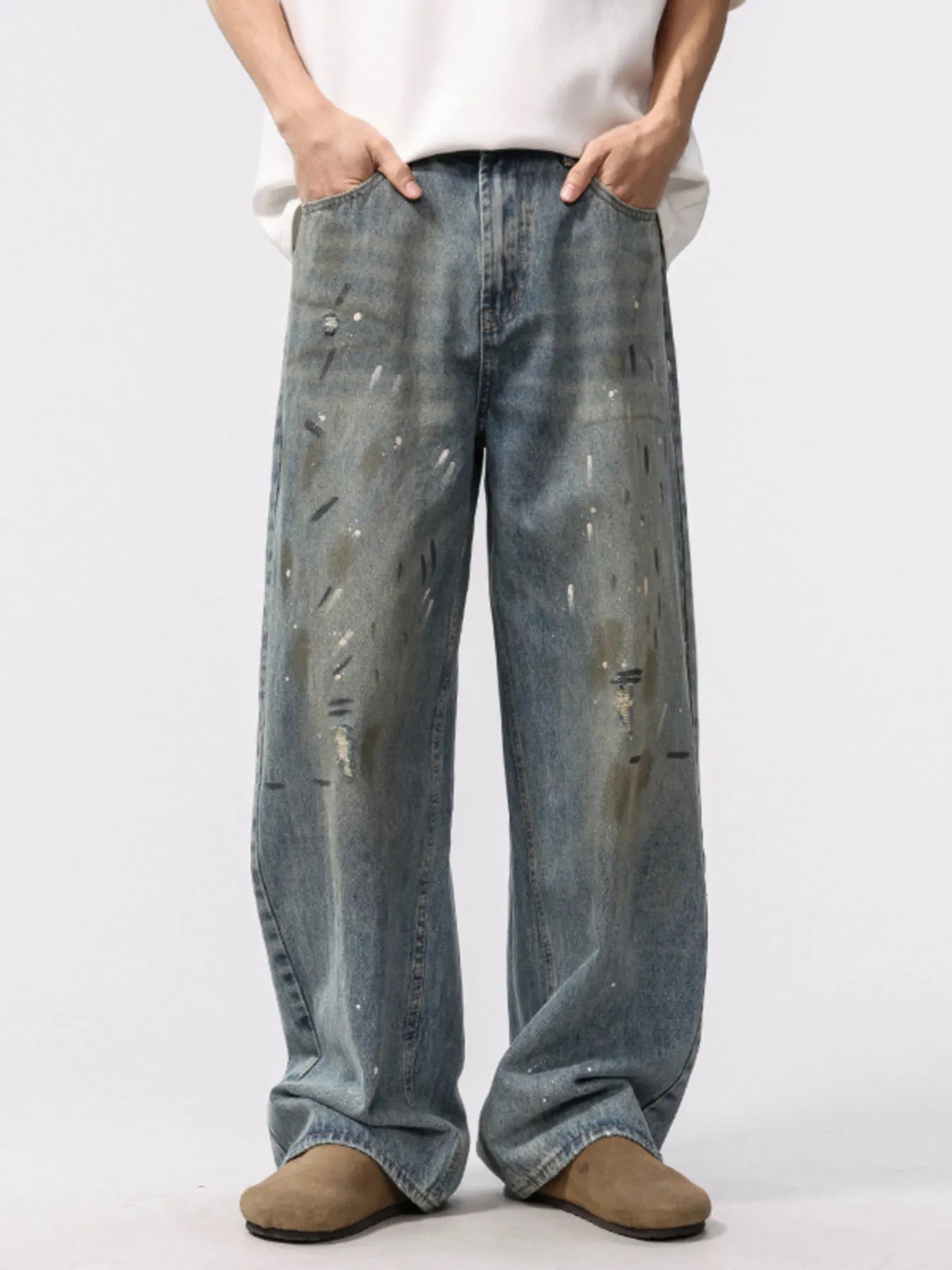 Men's Paint Splattered Washed Wide-Leg Jeans Vintage Color Jeans Trendsi