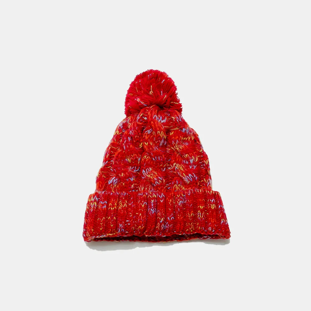 Contrast Cable-Knit Hat with Pompom Deep Red One Size Trendsi