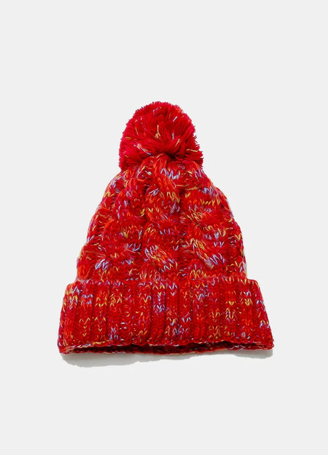 Contrast Cable-Knit Hat with Pompom Deep Red One Size Trendsi