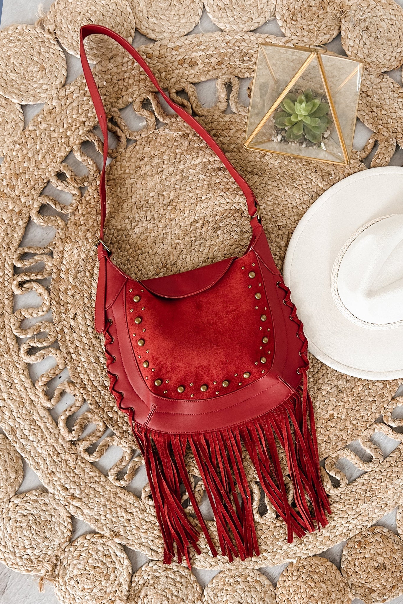 Suede Fringe Trim Gold Studded Shoulder/Crossbody Boho Bag Bags Trendsi