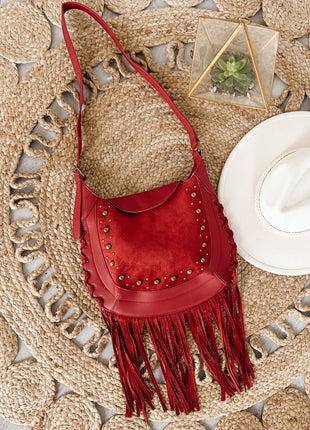 Rivet Trim Suede Fringe Bag, Shoulder/Crossbody