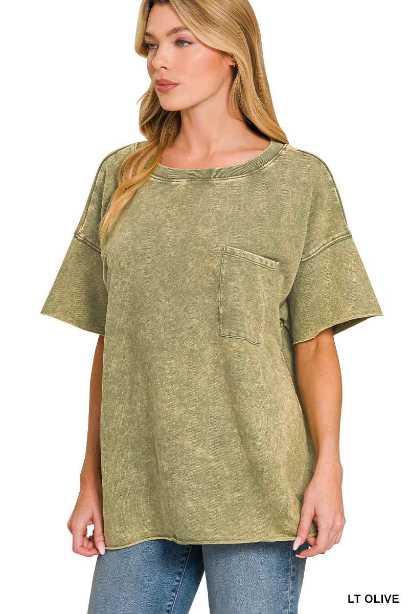 Zenana French Terry Washed Drop Shoulder Raw Edge Top Trendsi
