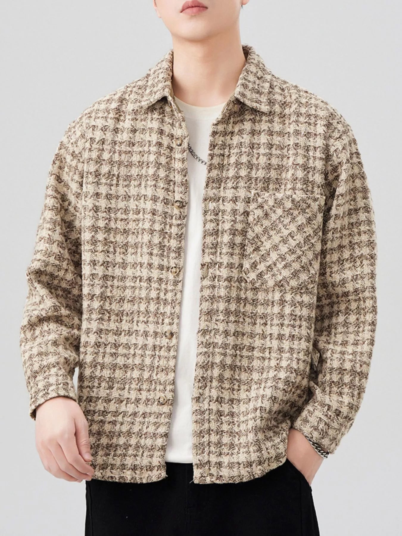 Mens Lattice Pattern Cotton Blend Shacket overshirt Trendsi