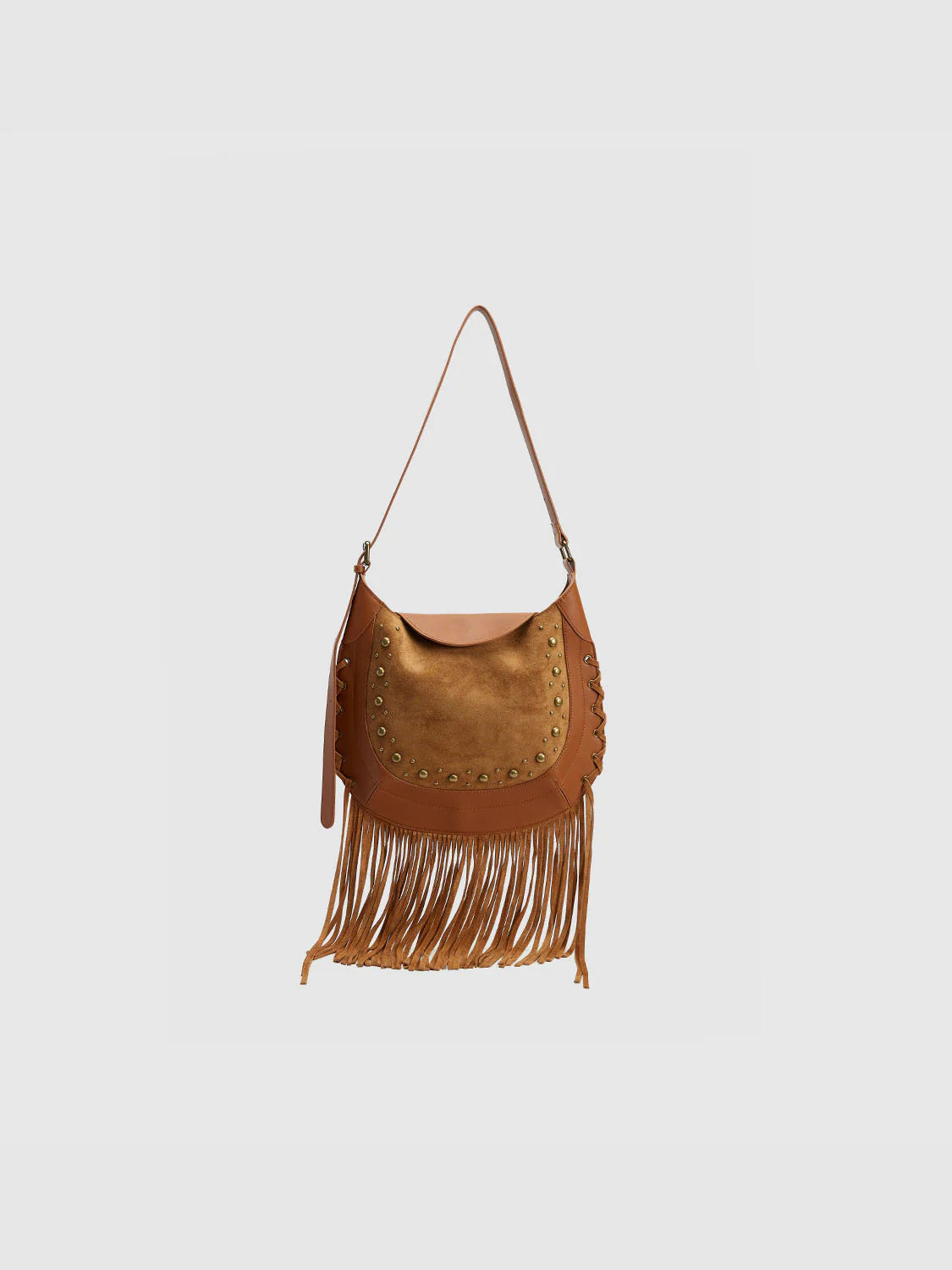 Suede Fringe Trim Gold Studded Shoulder/Crossbody Boho Bag Bags Trendsi