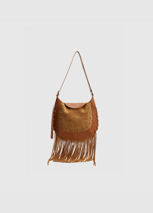 Rivet Trim Suede Fringe Bag, Shoulder/Crossbody