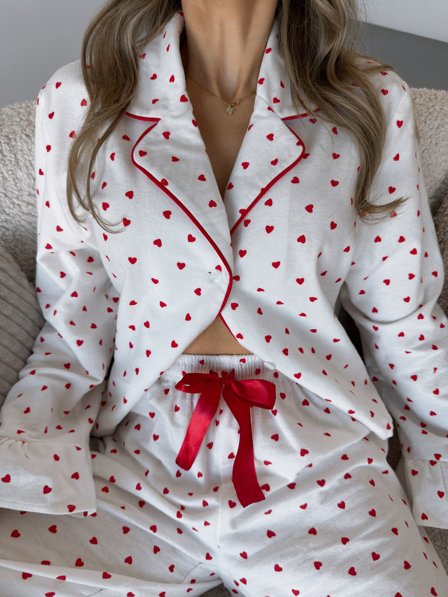 Heart Print Long Sleeve Top and Pants PJ Loungewear Set Trendsi