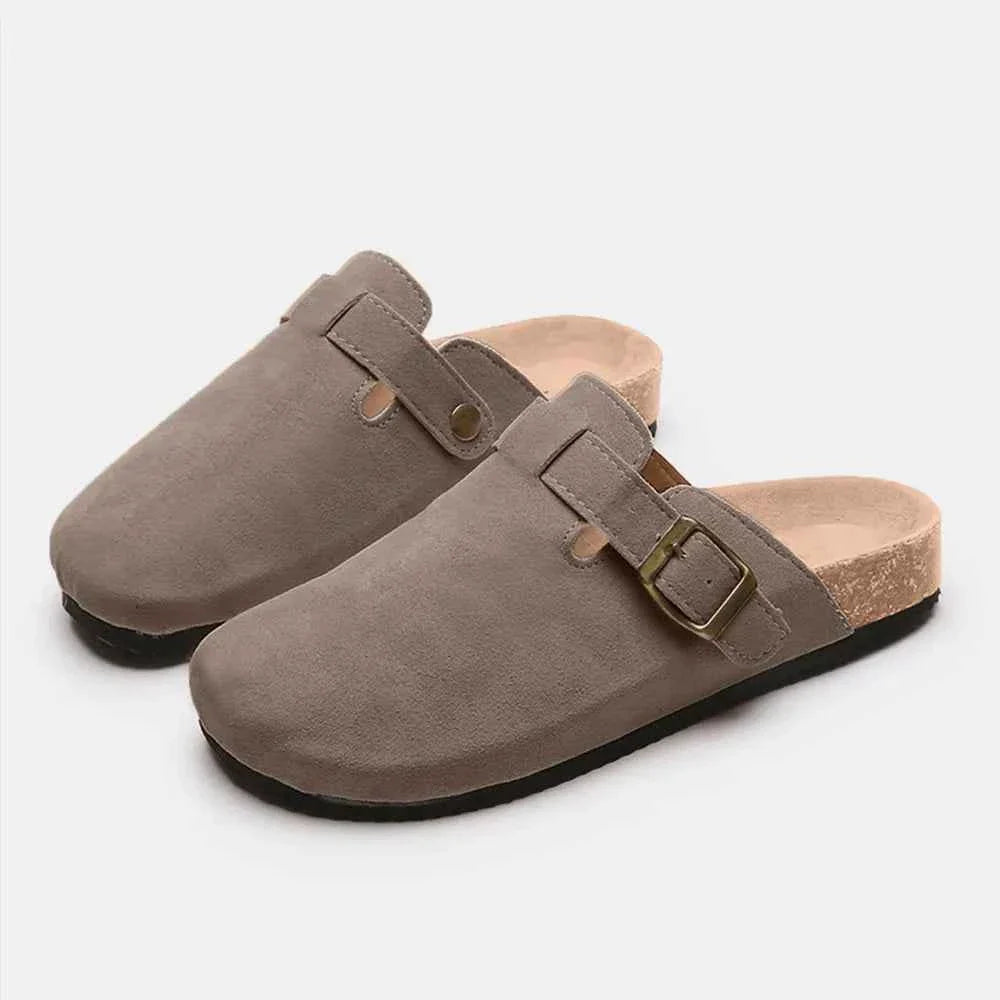 Flat Comfy Suede Buckle Clogs