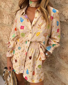 Colorful Summer Print Shirt and Short Set Beige Trendsi