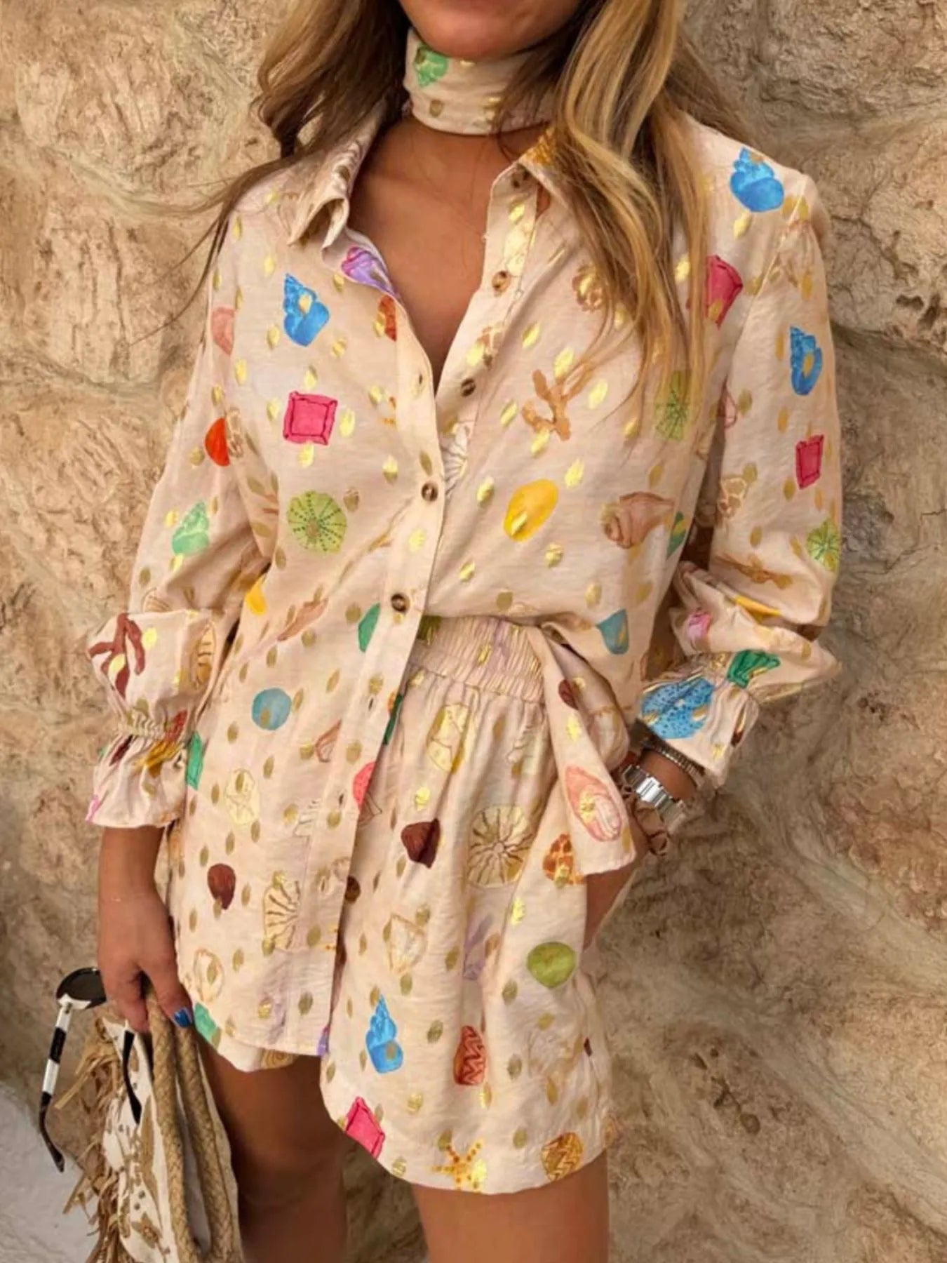 Colorful Summer Print Shirt and Short Set Beige Trendsi