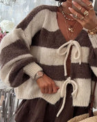 Coffee Striped Tie-Front Knit Cardigan Coffee Brown cardigan Trendsi
