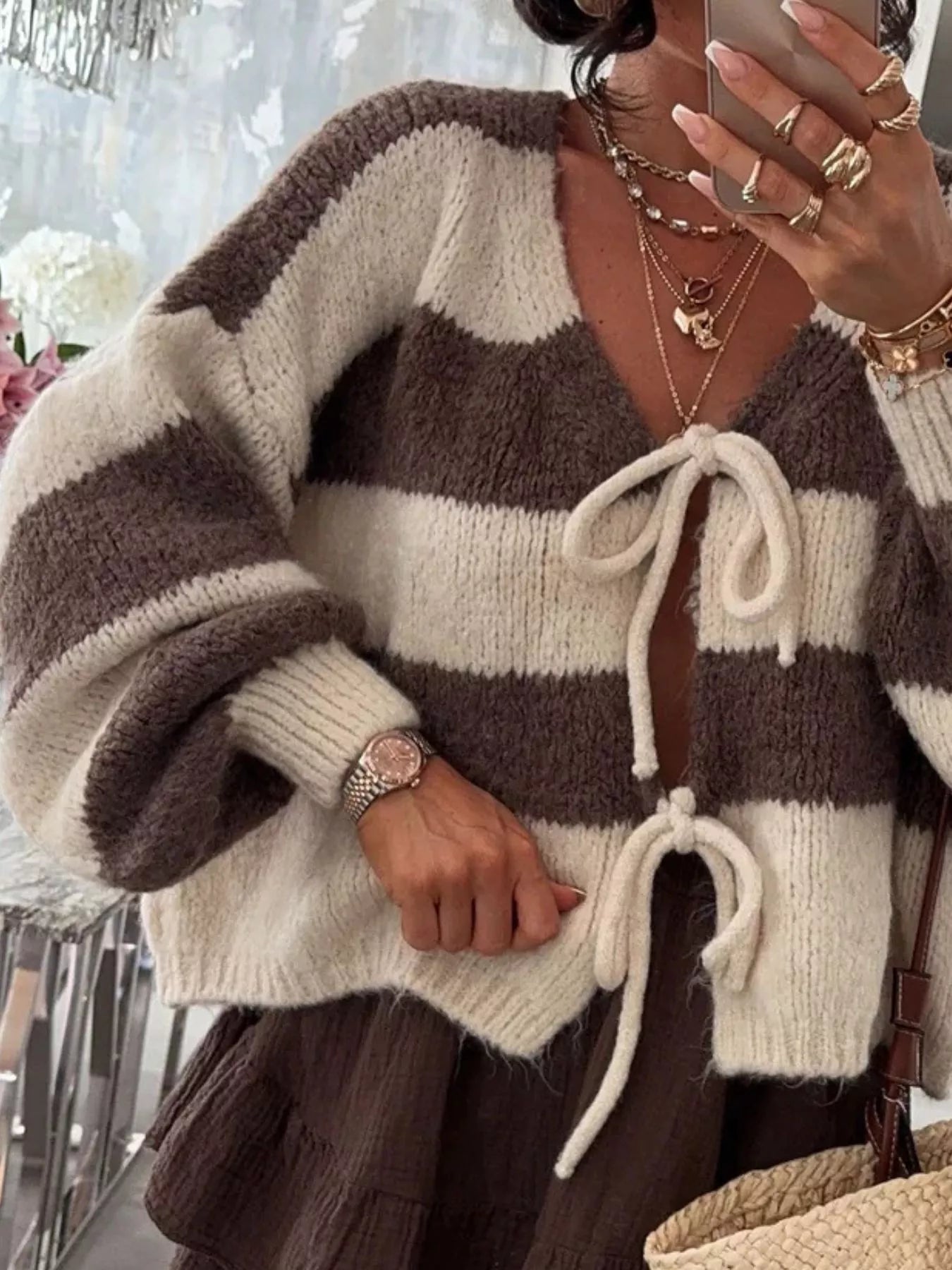 Coffee Striped Tie-Front Knit Cardigan Coffee Brown cardigan Trendsi