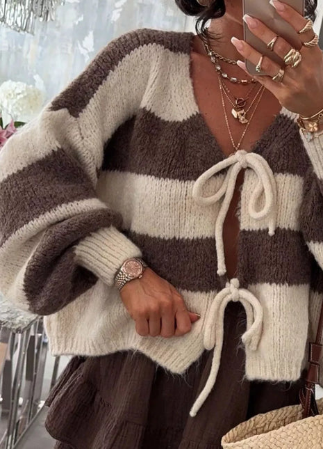 Coffee Striped Tie-Front Knit Cardigan Coffee Brown cardigan Trendsi