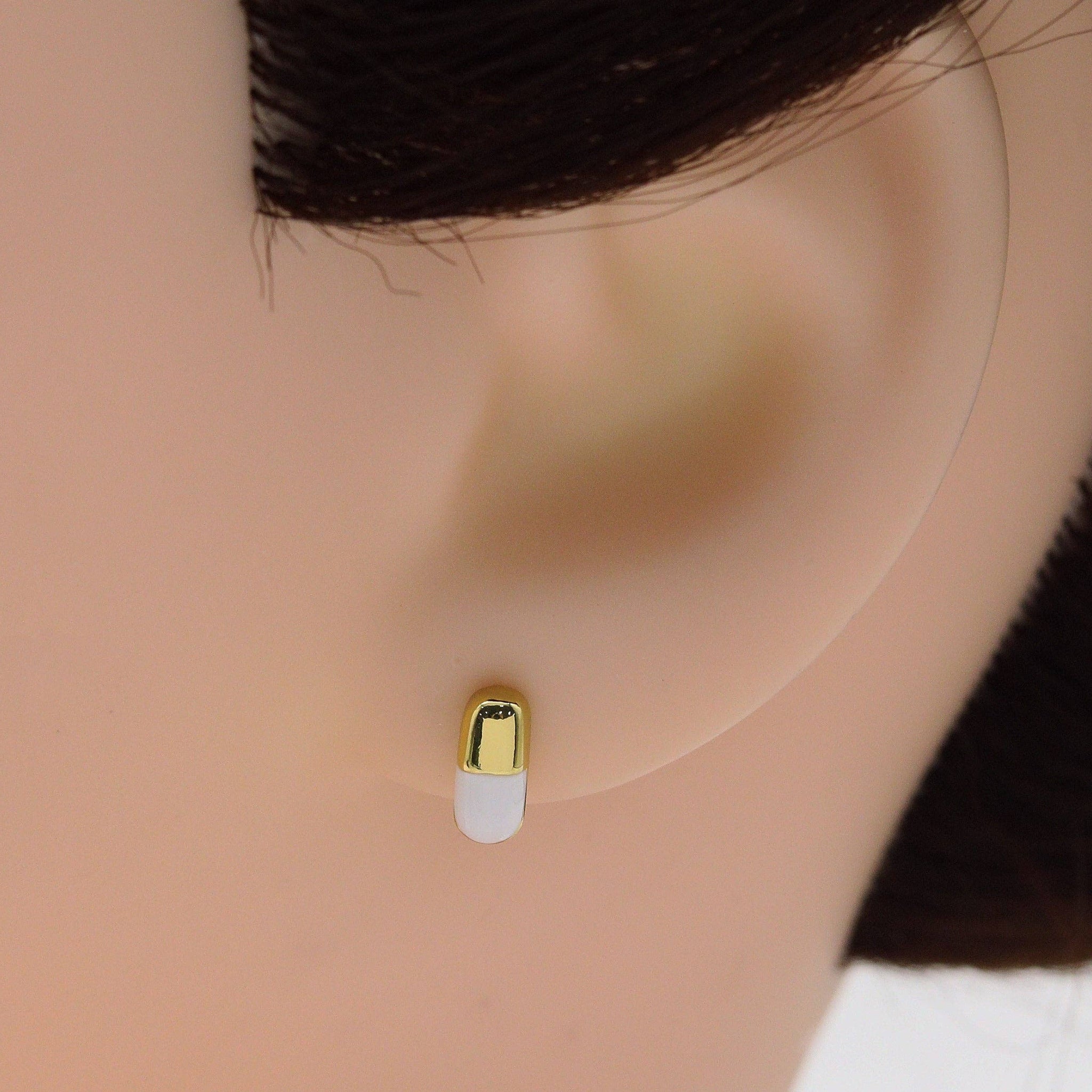 CZ White Enamel Pill Stud Earrings, Sku#Y720