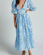 Cutout Back Lace Crochet V-Neck Dress Light Blue Dresses Trendsi