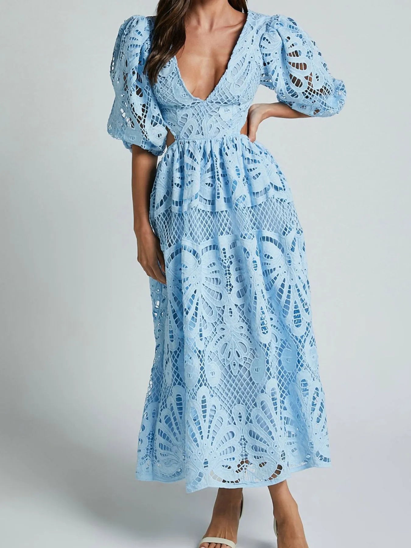 Cutout Back Lace Crochet V-Neck Dress Light Blue Dresses Trendsi