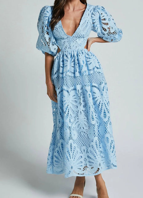 Cutout Back Lace Crochet V-Neck Dress Light Blue Dresses Trendsi