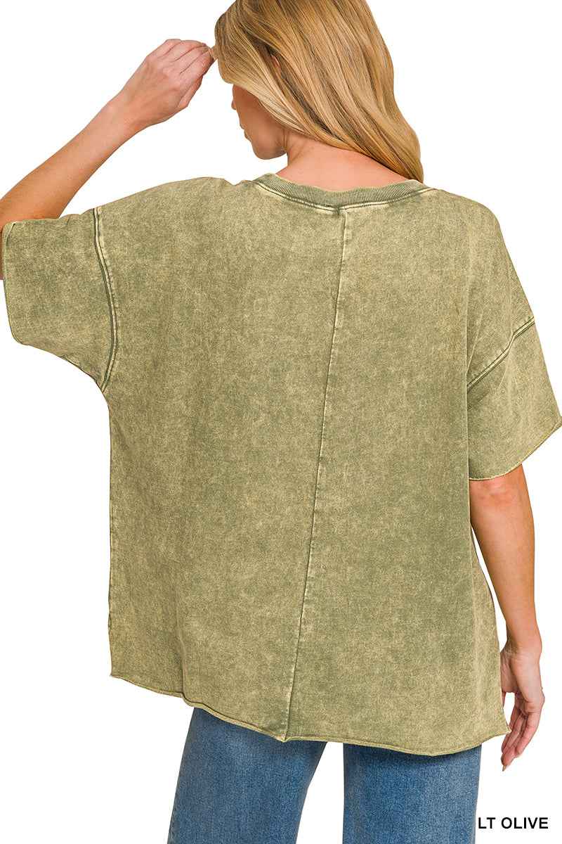 Zenana French Terry Washed Drop Shoulder Raw Edge Top Trendsi
