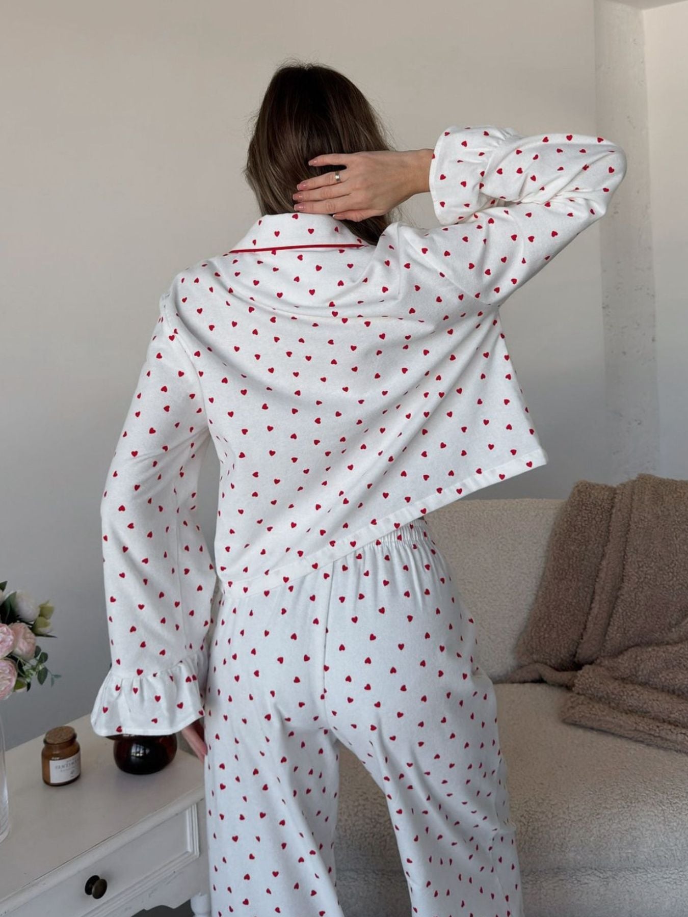 Heart Print Long Sleeve Top and Pants PJ Loungewear Set Trendsi