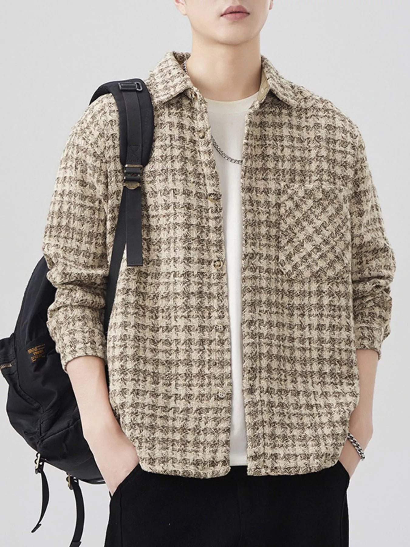 Mens Lattice Pattern Cotton Blend Shacket overshirt Trendsi