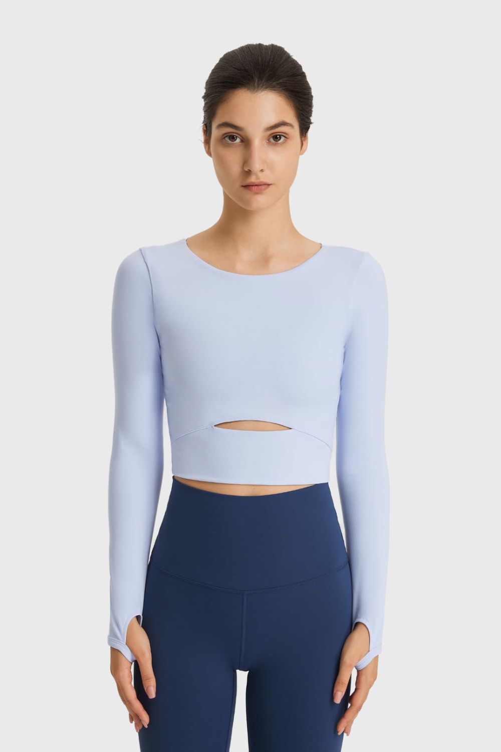 Millennia Cutout Long Sleeve Cropped Sports Top Sky Blue Trendsi